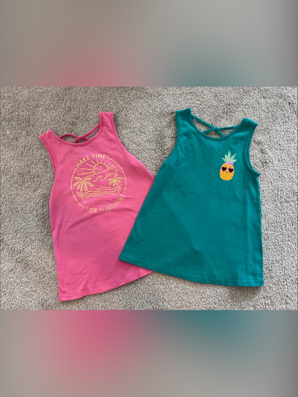 Kids' Pink & Teal Graphic Tank Tops - Pineapple & Sunshine Designs
